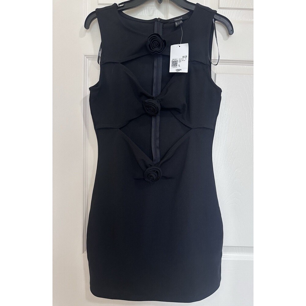 Forever 21 Black Sheath Mini Dress Sleeveless Round Neck Zip Bow Accent Size L